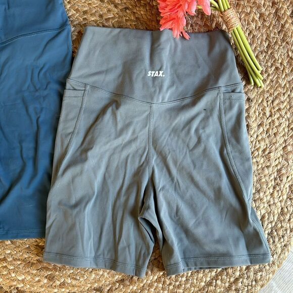 STAX Petrol Blue & Gray Original Length Shorts Workout Yoga Size Small - Picture 4 of 8